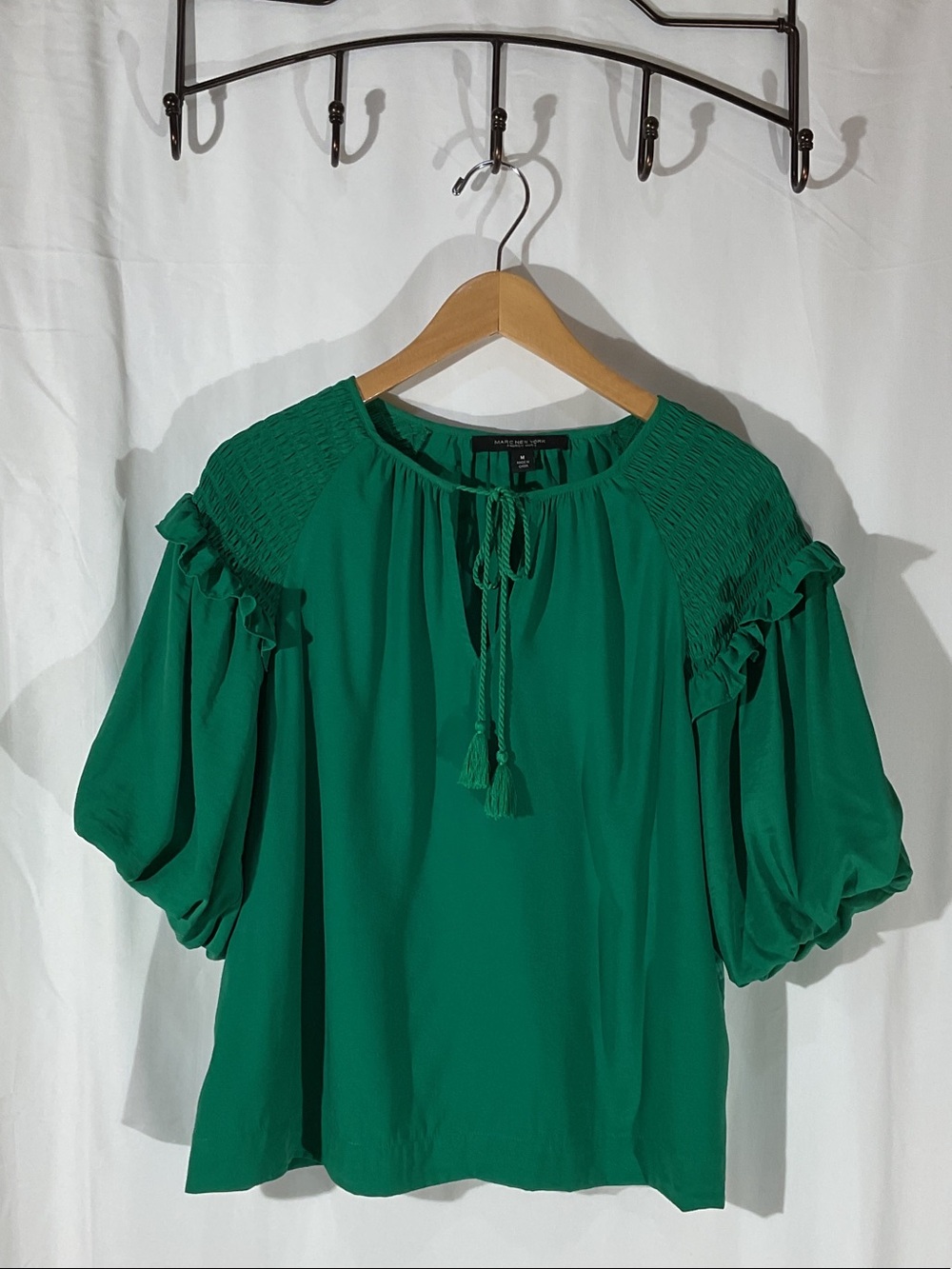 Marc New York Emerald Green Smocked Shoulder Tassel Peasant Blouse